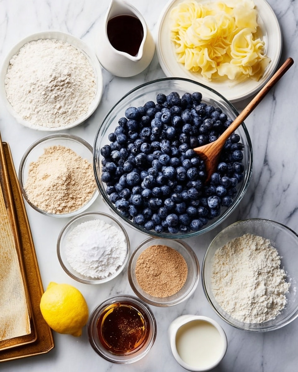 The image shows a top view of several ingredients placed on a white marbled surface arranged for baking. In the center, there is a large clear glass bowl filled with fresh blue blueberries, with a wooden spoon resting inside. Surrounding this bowl are smaller glass bowls each containing different powders: light brown flour, white flour, brown sugar, almond flour, and white powdered sugar. There is a white plate on the upper left with light yellow butter curls and a small white jug filled with dark amber liquid placed on top. Below the plate, near the bottom left, sits a bright yellow lemon and a small white cup of cream. A baking pan with a golden baking sheet inside is also visible on the left side. The scene is brightly lit and organized neatly. Photo taken with an iphone --ar 4:5 --v 7