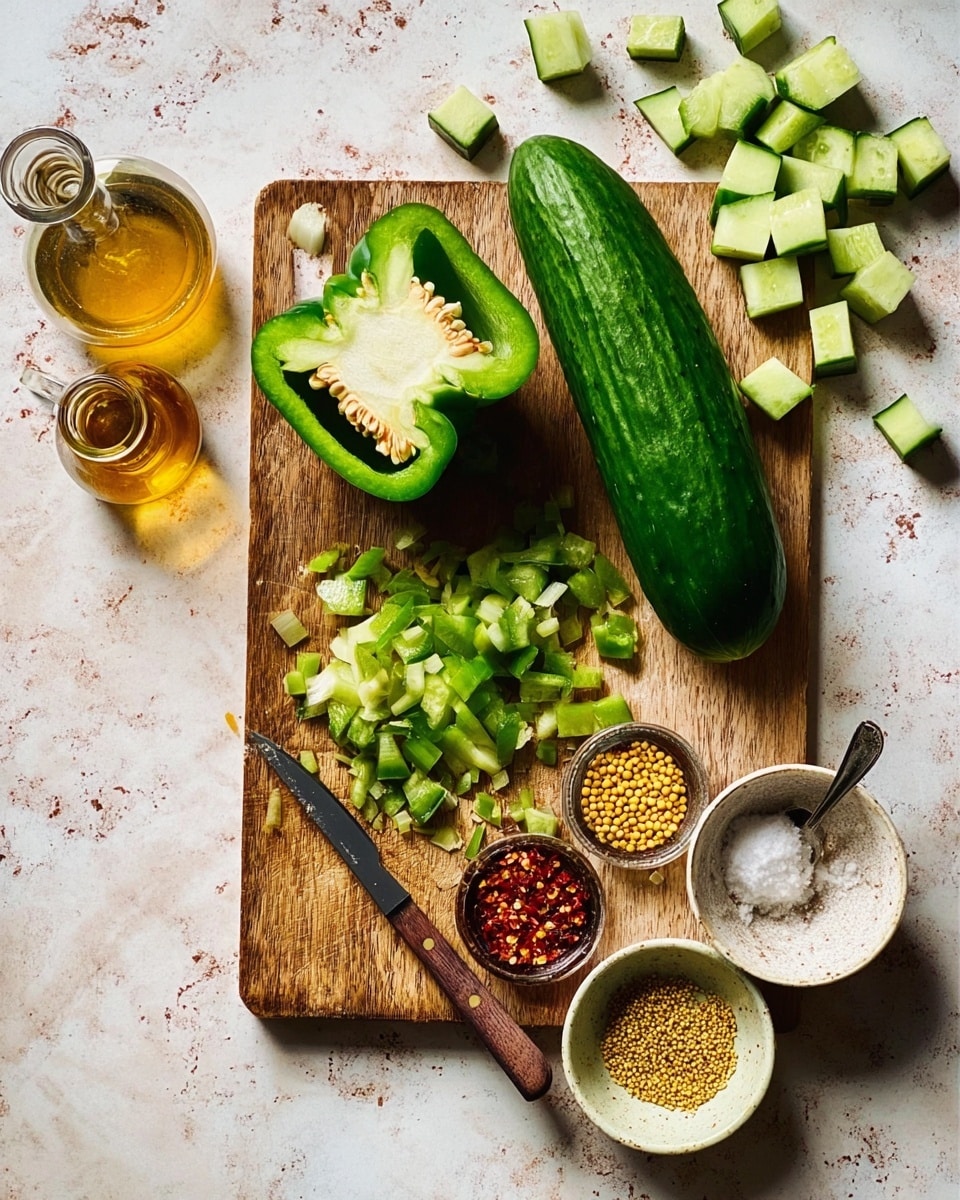 The image shows a wooden cutting board on a white marbled surface with different ingredients arranged on it. There is a whole green cucumber at the top, next to small cucumber cubes scattered in the upper right part of the board. A large green bell pepper cut in half with seeds inside is in the center left, with strips and small diced pieces of the pepper below it. A small knife with a wooden handle lies among the diced green pepper pieces. To the right of the bell pepper are three small bowls: one with yellow mustard seeds, one with red chili flakes, and one with pepper and salt, the last one having a small silver spoon inside. There is also a glass bottle with golden liquid near the top left corner. The whole scene is well lit with natural light. Photo taken with an iphone --ar 4:5 --v 7