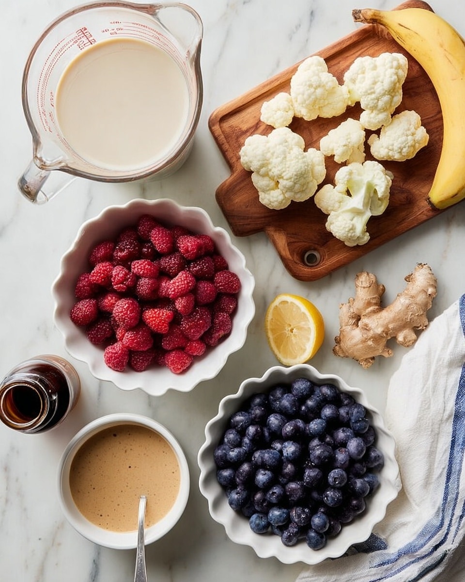 The image shows several ingredients arranged on a white marbled surface. There is a clear glass measuring cup filled with a light beige liquid at the top left. Below it, a wooden board holds a peeled banana and small cauliflower florets. Next to the board, a white bowl is filled with bright red raspberries. To the right of that, a white scalloped bowl is filled with dark purple blueberries. Below the blueberries, a small white bowl contains a brown creamy mixture with a silver spoon inside. Around the bowls are some sliced almonds, a small bottle with a dark liquid, a piece of fresh ginger root, and a lemon cut in half. A white towel with thin blue stripes is placed near the top right corner. Photo taken with an iphone --ar 4:5 --v 7