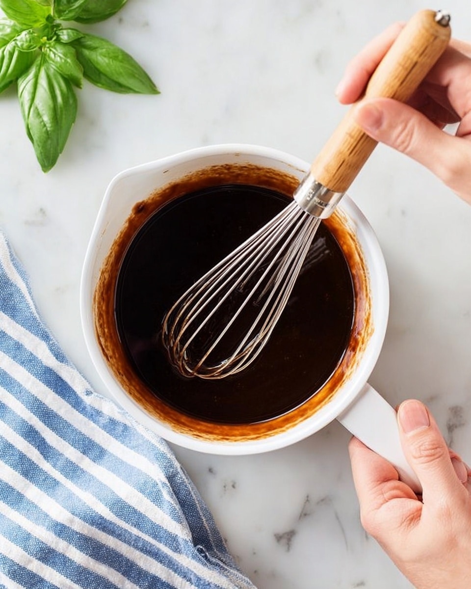 A close-up view of a small white saucepan filled with thick, dark brown sauce being stirred by a metal whisk held in a woman's right hand, while her left hand holds the saucepan handle which has a light wooden grip. The saucepan is held over a white marbled surface with a blue and white striped cloth to the left side and a few green basil leaves at the top left corner. The sauce coats the inner edges of the saucepan in a smooth, glossy layer, and the whisk is partially covered in the sauce. Photo taken with an iphone --ar 4:5 --v 7