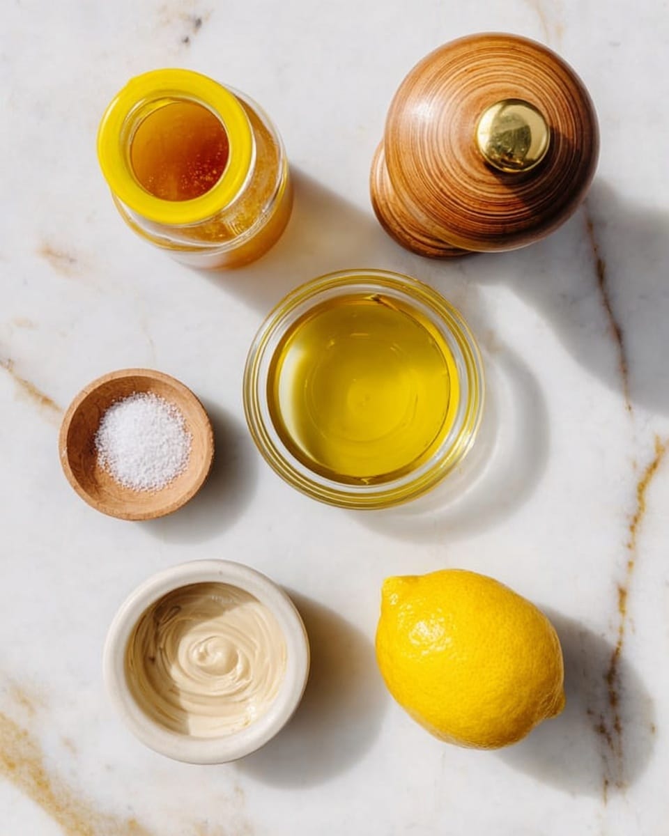 The image shows six items placed on a white marbled surface. In the top left corner, there is a small bottle with a bright yellow lid flipped open, containing a honey-like substance. Next to it on the top right, there is a round wooden pepper grinder with a golden top. Just below the bottle and grinder, there is a clear glass bowl filled with a yellow liquid, likely olive oil. Below this bowl, two small containers are placed side by side: a white ceramic container with a beige creamy paste and a small wooden bowl filled with white granulated salt arranged in a swirl. At the bottom left corner, there is a clear glass bowl with a light golden liquid, possibly vinegar, and finally, at the bottom right corner, a bright yellow whole lemon rests on the marbled surface. Photo taken with an iphone --ar 4:5 --v 7