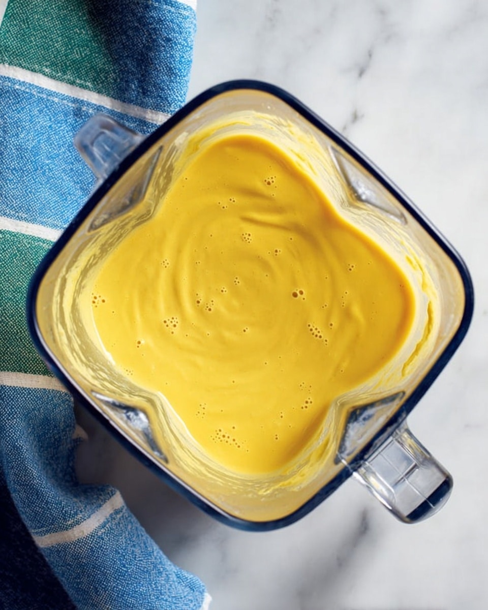 A clear glass blender container with a thick, smooth yellow sauce inside. The sauce has a few small bubbles and a soft swirl pattern on its surface. The blender is placed on a white marbled countertop, and a blue cloth with green and white stripes is partly visible on the left side. photo taken with an iphone --ar 4:5 --v 7