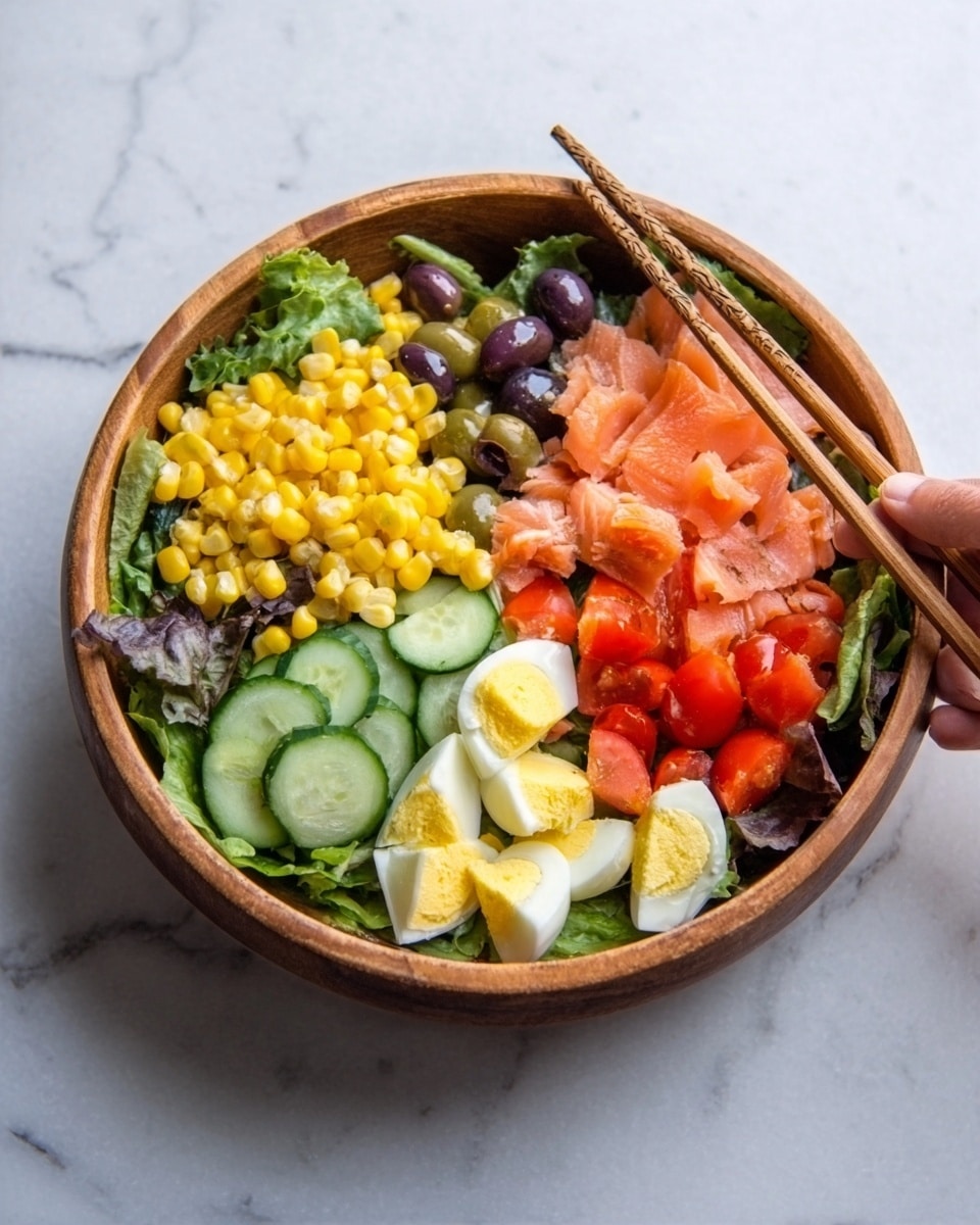 A wooden bowl filled with six distinct layers arranged side by side: yellow corn kernels on the top left, light pink slices of smoked salmon to the right of the corn, dark purple olives next to the salmon, bright red tomato slices beside the olives, light yellow chopped boiled eggs in the middle bottom area, and fresh green cucumber slices to the left of the eggs. There are mixed greens including dark leafy lettuce spread under the other ingredients. A woman's hand holds a pair of wooden chopsticks resting on the right side of the bowl, placed on a white marbled surface. Photo taken with an iphone --ar 4:5 --v 7