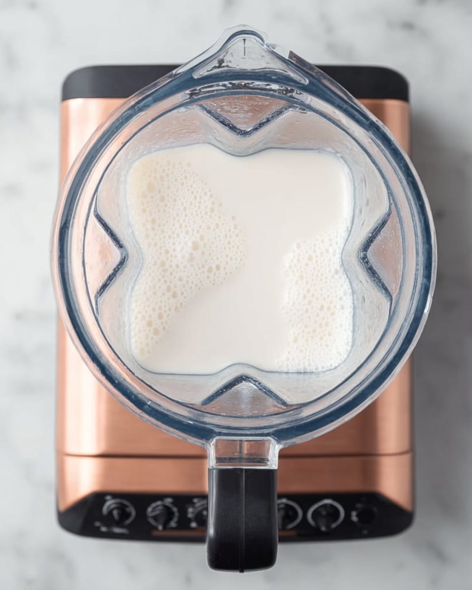 The image shows a clear blender from the top filled with a smooth white liquid, likely milk or cream, inside. The blender container is placed on a copper-colored blender base with black buttons and a black knob at the front. The background is a white marbled surface. The liquid inside the blender has a creamy texture with small bubbles on the sides of the container. Photo taken with an iphone --ar 4:5 --v 7