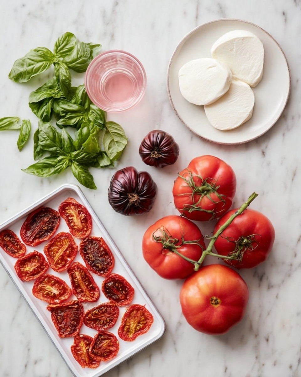 The image shows fresh ingredients laid out on a white marbled surface, including a white plate with four slices of smooth white mozzarella cheese on the upper right. Below and to the right are five red tomatoes on a vine, along with one large flat red tomato and two dark purple-red small tomatoes clustered near the center. On the left side, a tray holds many small roasted tomato slices with dark edges spread evenly. Above the tray, there is a small glass container with pink liquid. Scattered near the top left are many fresh green basil leaves of various sizes with a smooth texture. The whole arrangement is bright, clean, and colorful. Photo taken with an iphone --ar 4:5 --v 7