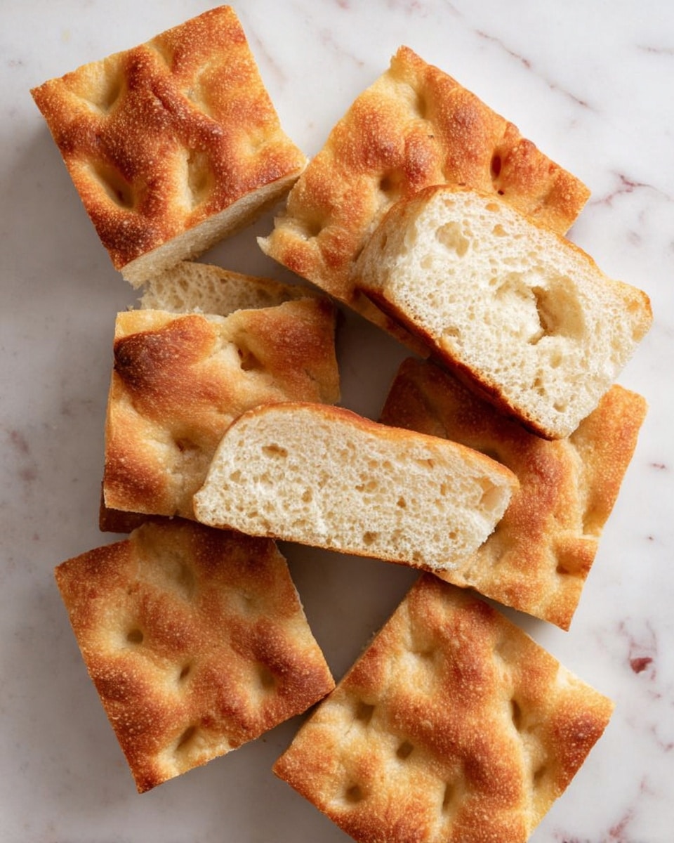 The image shows six pieces of focaccia bread with a golden-brown top and light, fluffy inside. Each piece has small, deep dimples across its surface. The bread pieces are arranged casually on a white marbled texture background, with some pieces showing the soft, airy inside and others showing the crisp, textured crust. The overall look is warm and fresh, with a soft, crumbly texture visible within the thicker pieces. Photo taken with an iphone --ar 4:5 --v 7