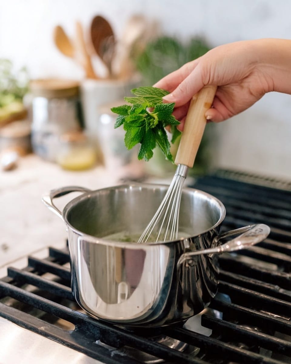 A close-up image showing a woman's hand holding fresh green mint leaves above a shiny silver metal pot on a black stove burner. Another woman's hand is using a whisk with a wooden handle stirring inside the pot. The background is softly blurred with kitchen items in white containers and a white marbled surface below the stove. The scene has a bright and natural light feel. photo taken with an iphone --ar 4:5 --v 7