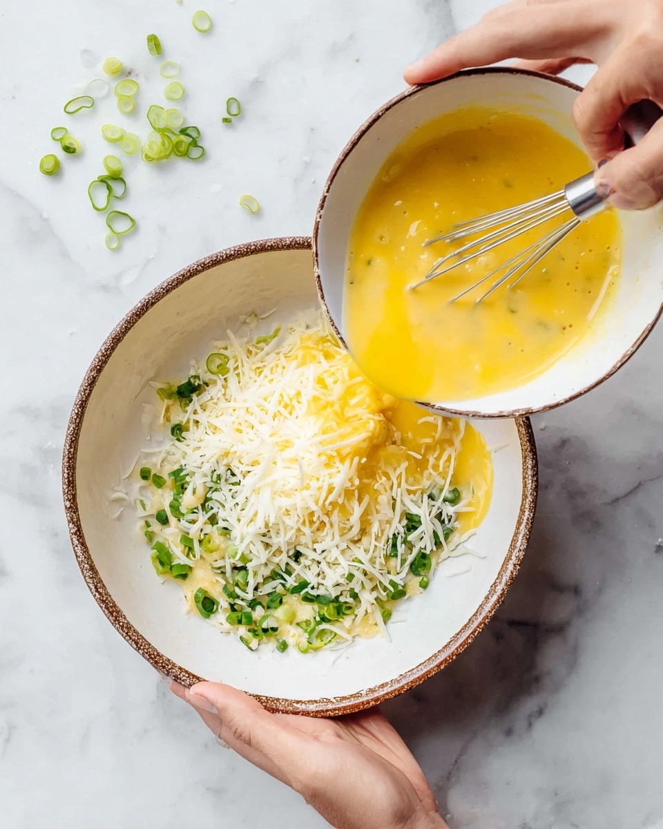 A white bowl with a brown rim holds shredded white cheese and bright green chopped spring onions on the bottom layer. Over this is a smooth layer of yellow beaten eggs being poured from another white bowl with a brown rim, held by a woman's hand using a whisk. The main bowl is held steady by another woman's hand on a white marbled surface, with small slices of green onions scattered around. Photo taken with an iphone --ar 4:5 --v 7