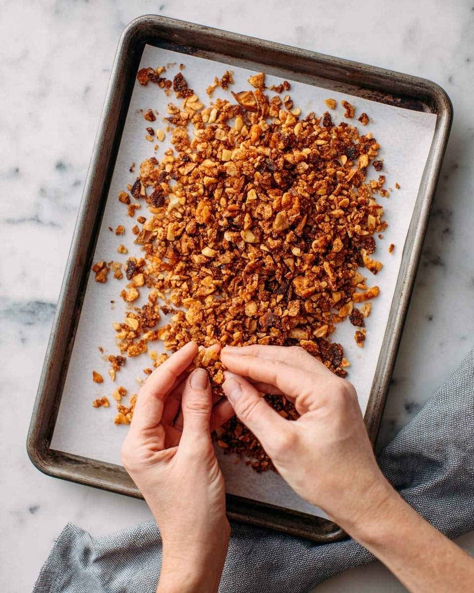 A close-up view of a baking tray lined with white paper and filled with small, broken pieces of toasted, golden-brown nuts or seeds scattered in the center. In the foreground, a pair of woman's hands is seen breaking apart a larger piece, showing a textured, darkened edge, suggesting roasting or baking. The tray is placed on a white marbled surface, with a soft gray cloth napkin partially visible on the lower right side. The lighting highlights the rich, warm tones and crunchy texture of the pieces. photo taken with an iphone --ar 4:5 --v 7