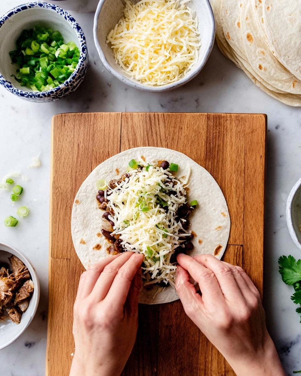 A close-up top view shows a white tortilla on a wooden board being folded by two woman's hands. The tortilla has three layers of filling: the bottom layer is dark brown beans spread evenly, the middle layer is shredded light brown meat, and the top layer is shredded white cheese mixed with chopped green onions scattered on top. Around the cutting board, there are small white bowls holding shredded white cheese, chopped green onions, and pieces of cooked light brown meat. A small bunch of fresh green cilantro is placed near the bowls. To the right, there is a stack of white tortillas. The surface beneath everything is a white marbled texture. photo taken with an iphone --ar 4:5 --v 7