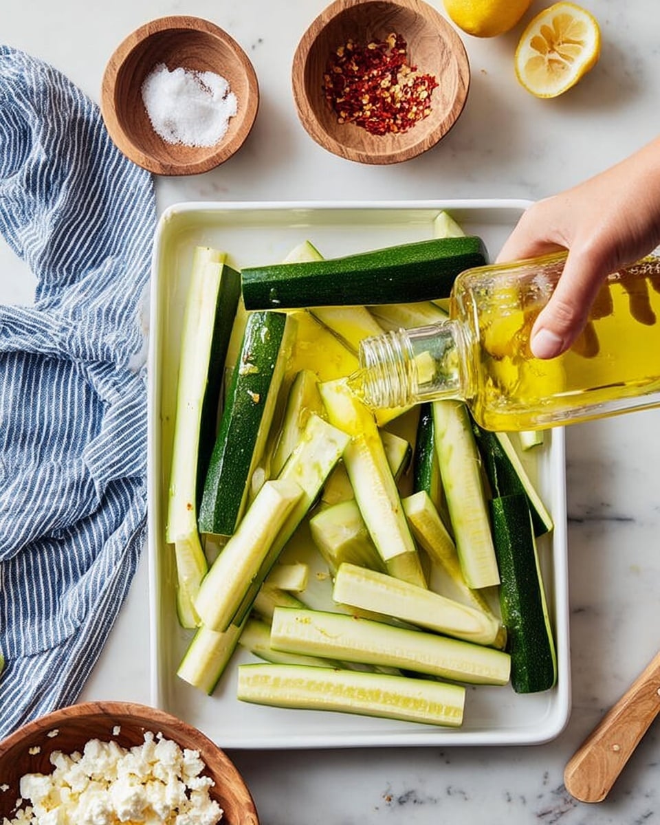 The image shows a white rectangular tray filled with green zucchini cut into long thick slices, some with skin on and some peeled. The zucchini slices are arranged side by side in a loose pile on the tray. A woman's hand is pouring golden yellow olive oil from a small clear glass bottle onto the zucchini. Around the tray, there are wooden bowls on a white marbled surface; one has crumbled white cheese, another has red chili flakes, and there is a lemon partially visible at the top left. A striped blue and white cloth is seen on the left side of the image. Photo taken with an iphone --ar 4:5 --v 7