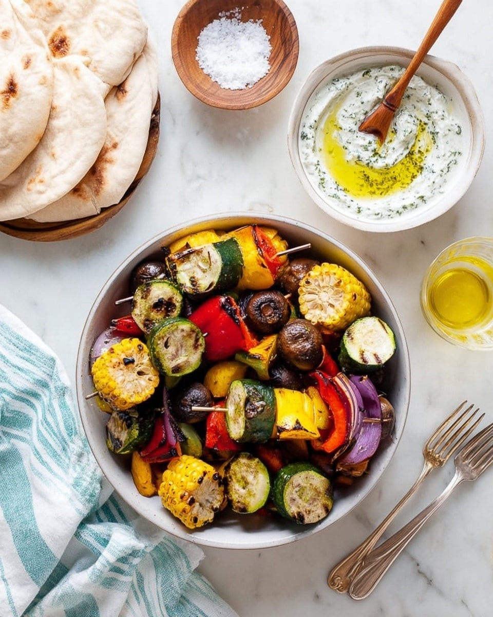 A white bowl filled with three layers of grilled vegetable skewers, including golden corn slices with char marks, thick green zucchini rounds, bright red and yellow bell pepper pieces, deep purple onion chunks, and dark brown mushrooms, all mixed together. The bowl sits on a white marbled surface next to a smaller white bowl holding white creamy dip with green herb specks and a drizzle of oil, with a small wooden spoon inside. Nearby, there is a wooden bowl with coarse salt, a glass container of yellow oil with herbs, a glass of water, and a white plate holding folded beige pita bread. A folded white cloth with light blue stripes is nearby, and a silver fork lies next to the bowls. Photo taken with an iphone --ar 4:5 --v 7
