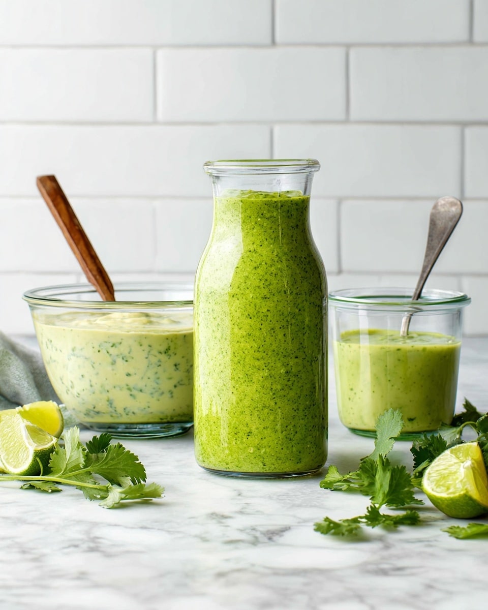 The image shows three clear glass containers of green sauces on a white marbled surface with a white tiled wall in the background. In the center is a tall glass jar filled with a bright green sauce that has a textured, chunky look. Behind it on the left is a wider glass bowl with a creamy, pale green sauce with specks of herbs, and a wooden spoon resting inside it. To the right, there is a smaller glass jar with a smooth light green sauce and a metal spoon inside. Fresh cilantro leaves and lime wedges are placed on the surface near the containers, adding a fresh touch. Photo taken with an iphone --ar 4:5 --v 7