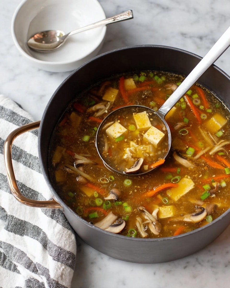 A dark gray pot filled with a clear broth soup that has visible ingredients like long orange carrot strips, small diced yellow tofu cubes, light green small round scallion pieces, and brown mushroom slices. A silver ladle is partly submerged in the soup, resting inside the pot showing the ingredients clearly inside the ladle. The pot sits on a white marbled surface with a striped gray and white cloth next to the pot and a white bowl with a spoon placed above the pot. Photo taken with an iphone --ar 4:5 --v 7
