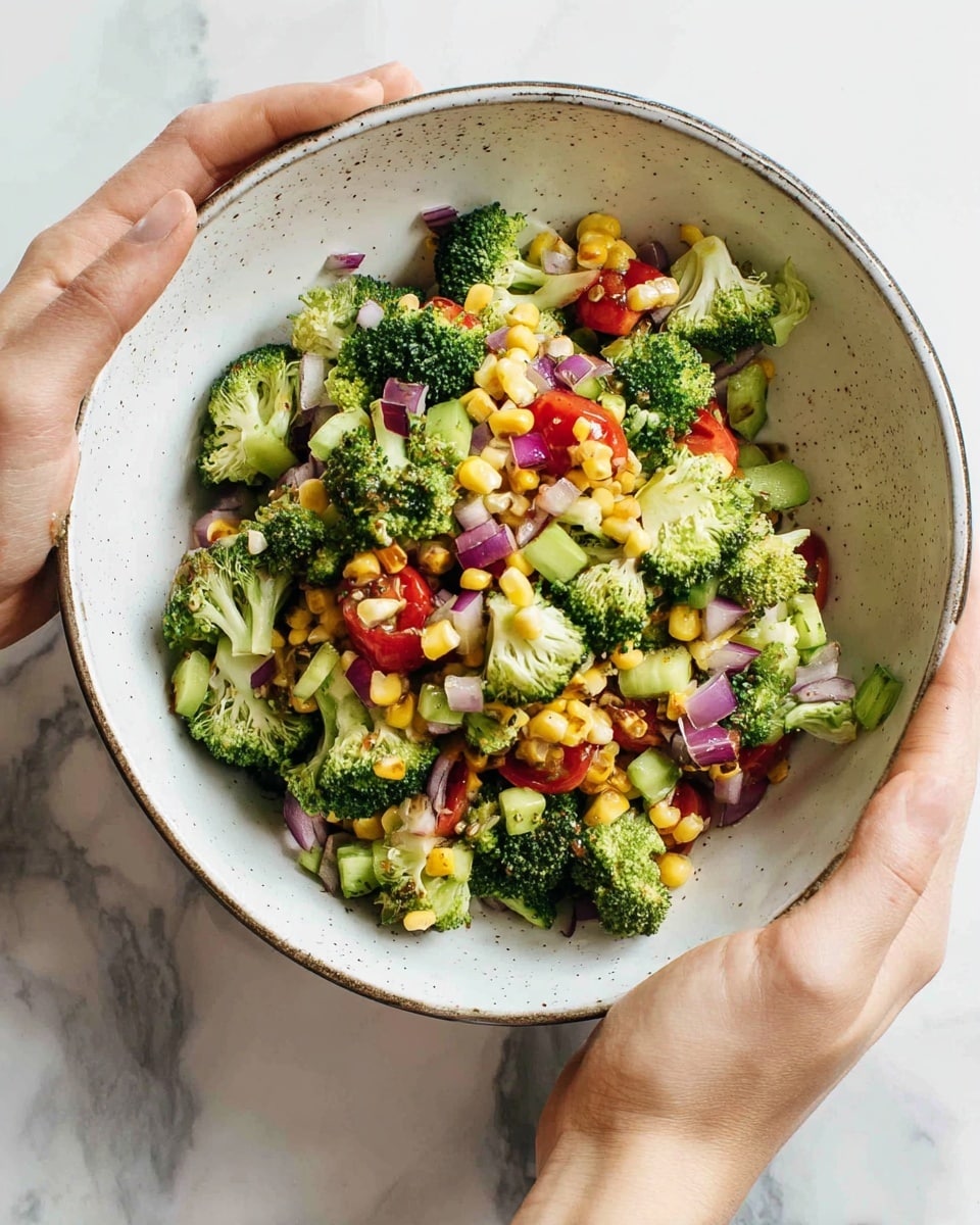 The image shows a white bowl filled with a fresh vegetable salad that has many colorful layers. The bottom layer has small pieces of light green celery and diced purple onions. On top of that are bright green broccoli florets scattered evenly, mixed with small yellow corn kernels. There are also bright red cherry tomatoes sliced in half, placed around the bowl adding a pop of color. The texture of the vegetables is fresh and crunchy, and the overall look is vibrant and healthy. Two woman's hands are holding the bowl from opposite sides, gently mixing the salad. The background is a white marbled surface. photo taken with an iphone --ar 4:5 --v 7