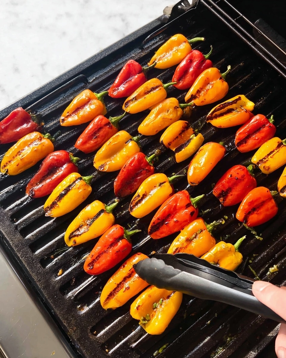 There are four metal skewers on a black grill, each holding several halves of small bell peppers. The peppers come in two colors, bright red and sunny yellow, with a smooth and slightly charred surface showing grill marks. The peppers are arranged neatly on the skewers in alternating colors. A woman's hand is holding black tongs, lifting one skewer from the grill. The background shows a white marbled surface around the grill. photo taken with an iphone --ar 4:5 --v 7