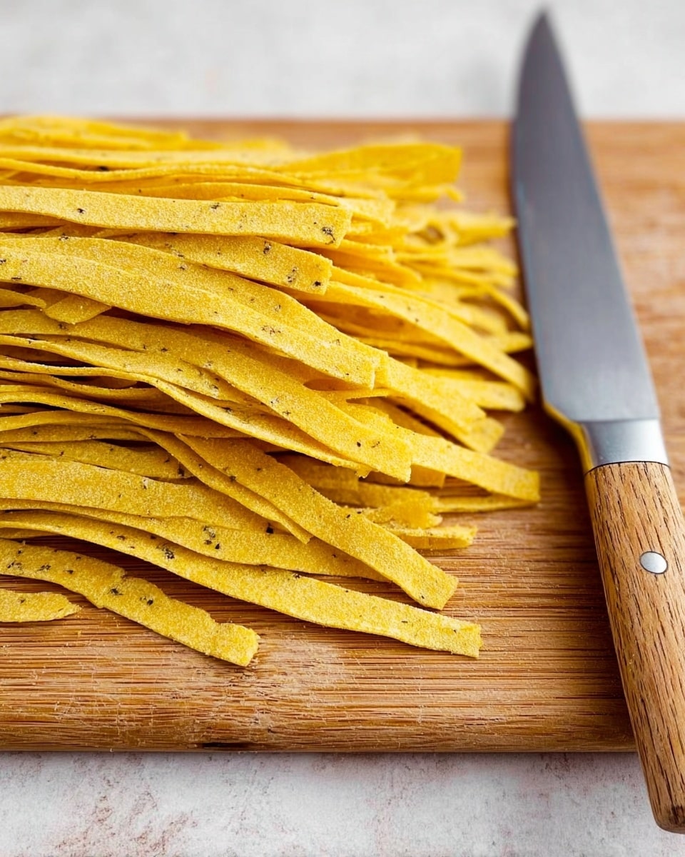 The image shows a pile of thin, yellow strips of pasta neatly stacked on a wooden cutting board. The pasta strands have a slightly rough texture with small dark specks, indicating seasoning or herbs mixed in. On the right side of the cutting board, there is a large kitchen knife with a silver blade and a wooden handle resting flat. The background surface is white marbled texture. photo taken with an iphone --ar 4:5 --v 7