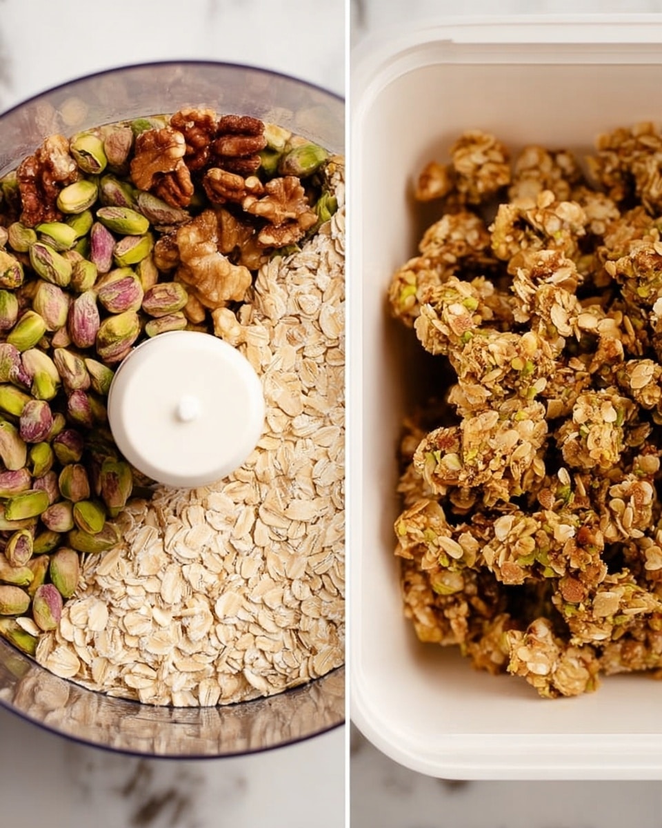 The left side shows a close-up of a food processor bowl filled with three layers: the bottom layer has scattered rolled oats in a light beige color; on top of that, there is a mix of nuts including brown walnuts and green pistachios; the center has a white plastic blade piece sticking up. The right side shows a pile of chunky, textured granola clusters in shades of golden brown and green, placed inside a white container with a smooth white marbled background surrounding it. photo taken with an iphone --ar 4:5 --v 7